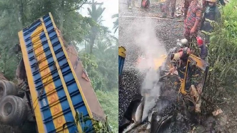 কুষ্টিয়ায় পাথরবোঝাই ট্রাক উল্টে আগুন, চালক ও হেল্পার নিহত